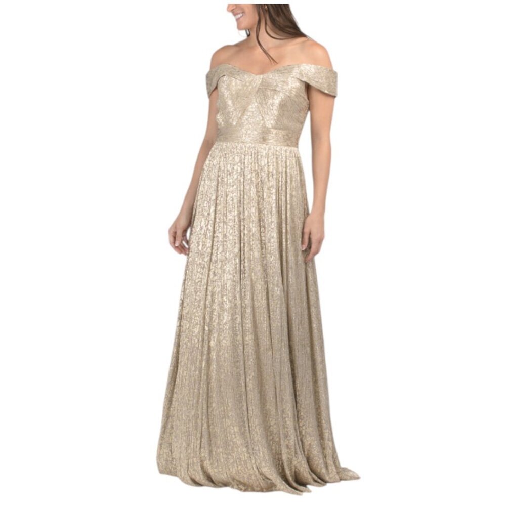 AIDAN MATTOX Gold Off The Shoulder Gown With Metallic Accents